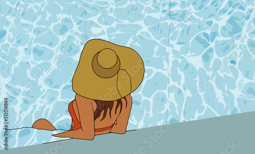 Woman sunbathing on the inflatable mattress on a swimming pool, view from above. Vector illustration in flat style