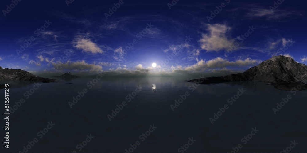 Fototapeta premium Lunar seascape, HDRI, environment map , Round panorama, spherical panorama, equidistant projection, panorama 360, 3d rendering