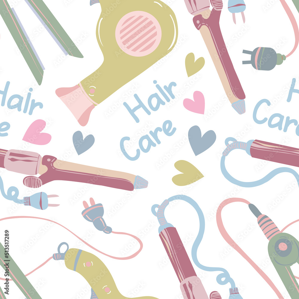 Various hair care items, styling iron, hair dryer, curling iron. Vector seamless Pattern. Light  background, wallpaper, cartoon style