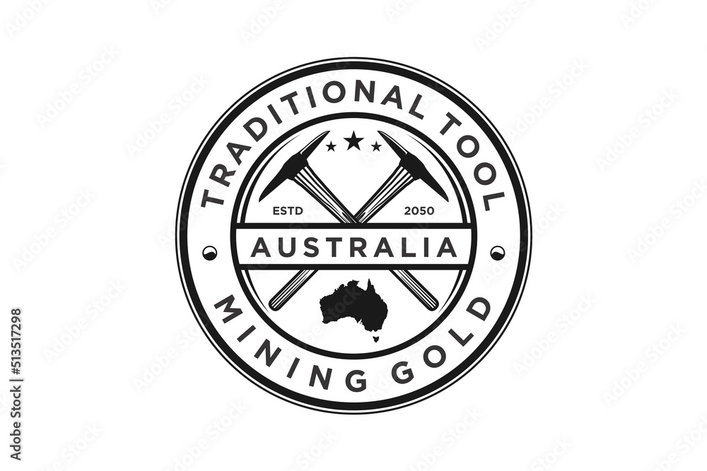 Traditional tool mining pickax logo design gold mining australia emblem badge rounded shape Traditional tool mining pickax logo design gold mining australia emblem badge rounded shape
