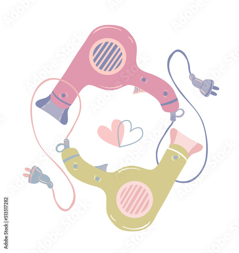 Various hair care items, hair dryer. Vector illustration for postcards, stickers, posters. Cartoon style
