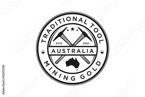 Traditional tool mining pickax logo design gold mining australia emblem badge rounded shape 