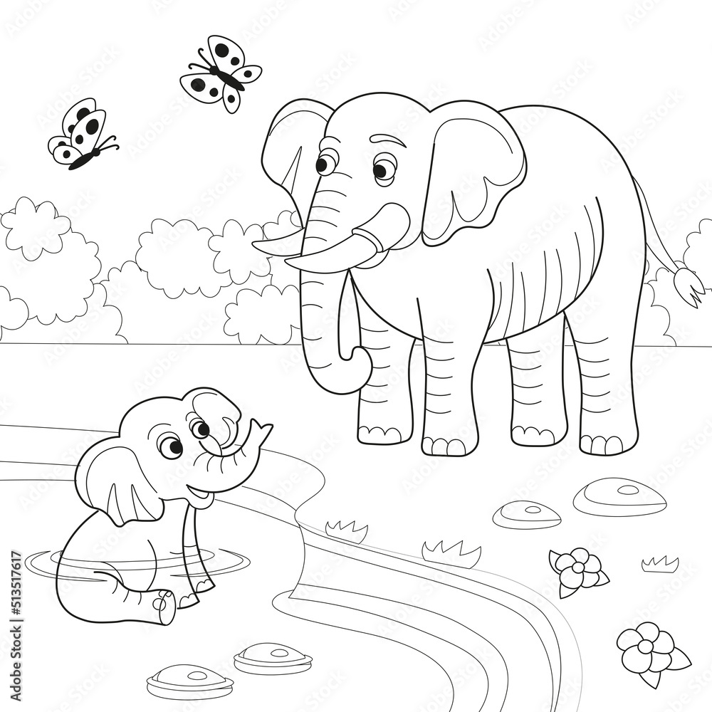 Big elephant and baby elephant in cartoon style. Cute baby elephant sitting in the lake and pouring water from its trunk. Animals of Africa. Vector cartoon illustration.