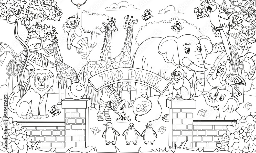 Big coloring book with zoo animals. Zoo animals set. Pandas, giraffes, elephants, zebras, elephants, penguins, monkeys, parrots, flamingos in cartoon style for kids.