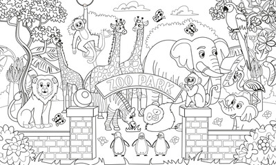 Foto auf Acrylglas Zoo Big coloring book with zoo animals. Zoo animals set. Pandas, giraffes, elephants, zebras, elephants, penguins, monkeys, parrots, flamingos in cartoon style for kids.  © NADEZHDA