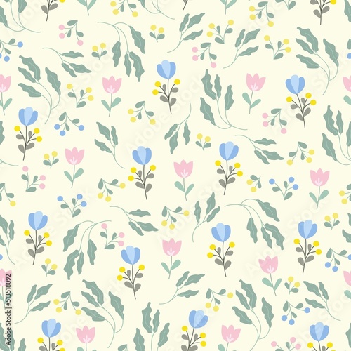 Floral seamless pattern in pastel colors, spring summer print with flowers. Vector illustration.