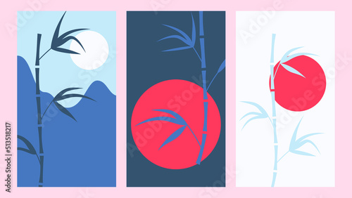 three contemporary posters minimalist asian style with bamboo stems and red sun