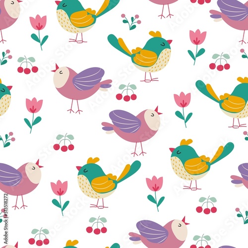 Colorful birds seamless pattern. Exotic birds in different print poses. Vector illustration.
