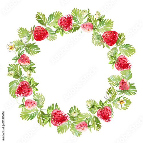 Strawberry wreath. Watercolor clipart 