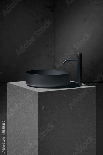 Dark washbasin with faucet on stone countertop in minimalist modern bathroom. Scandinavian interior with stylish dark grey wall. Minimalist interior concept.   