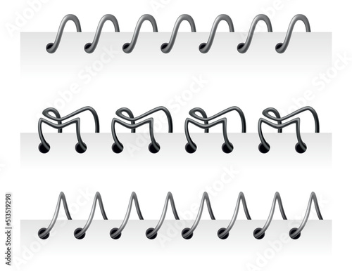 Notebook spirals, wire steel ring bindings and springs for diary. Spiral binder or ringed for paper calendar. Page dividers or metal stitch