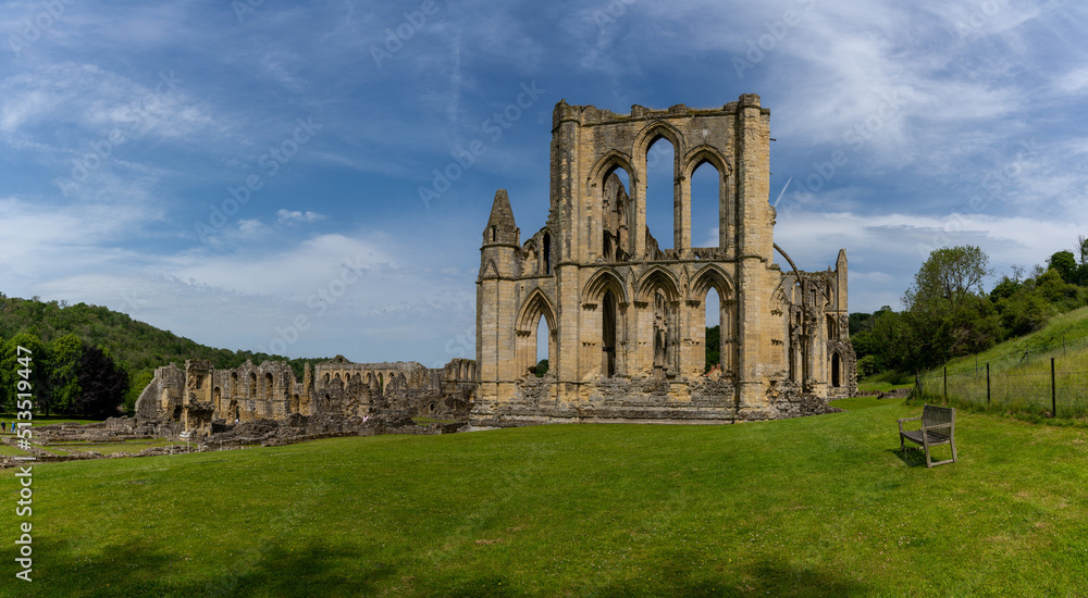 view of the historic English Heritage site and Rievaulx Abbey in North Yorkshire