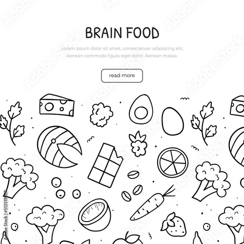 Hand drawn doodle of brain food theme. Banner template. Sketch style illustration.