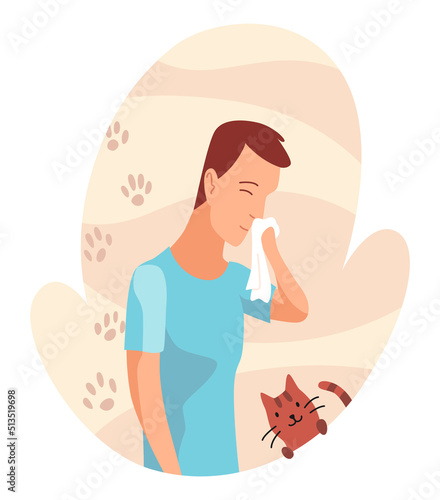 Allergic reactions concept. Symptoms of disease. Man with hypersensitivity and reaction of immune system. Male neezes or blows nose in handkerchief