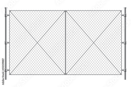 Metal wire fence and gate. Chain-link fence fragment with metallic pillars. Secured territory, protected area or prison fencing. Wire grid construction