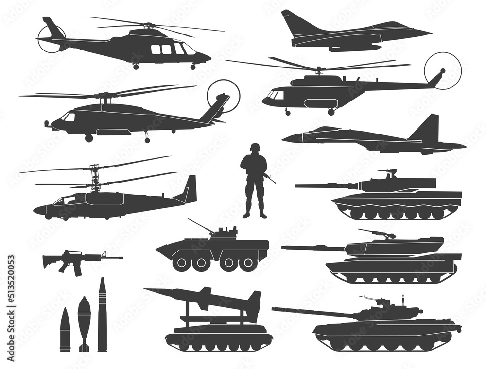 A set of military silhouettes of icons and icons. Tanks, helicopters, planes, armored vehicles and missiles. Vector graphics