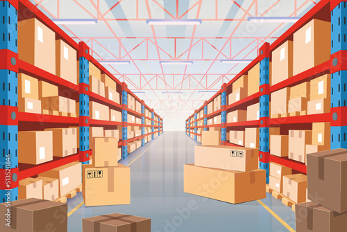 Perspective view of warehouse with cardboard boxes on racks. Interior of storage room in store, factory, market, hardware store. Vector cartoon illustration.
