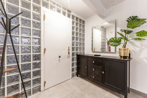 Φωτογραφία Home hallway with black wooden sideboard, frameless mirror, decorative plants an