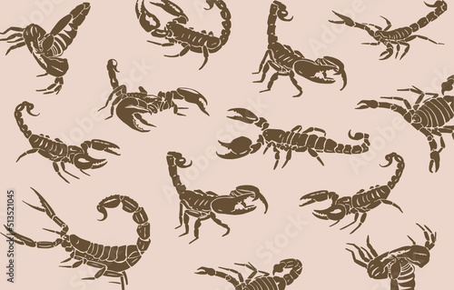 Graphical vintage design with scorpions, vector sepia illustration.Typography design with toxic insects