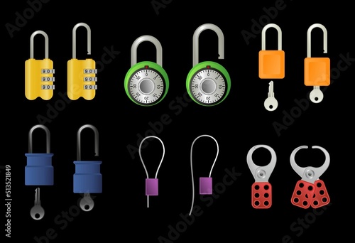 Vector illustrations of open and closed locks and technical clamps on isolated black background