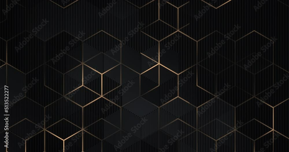 4k Abstract luxury black grey gradient backgrounds with golden metallic striped grid. Geometric hexagonal graphic motion animation. Seamless looped dark backdrop. Simple elegant universal minimal BG