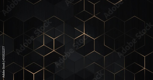 4k Abstract luxury black grey gradient backgrounds with golden metallic striped grid. Geometric hexagonal graphic motion animation. Seamless looped dark backdrop. Simple elegant universal minimal BG