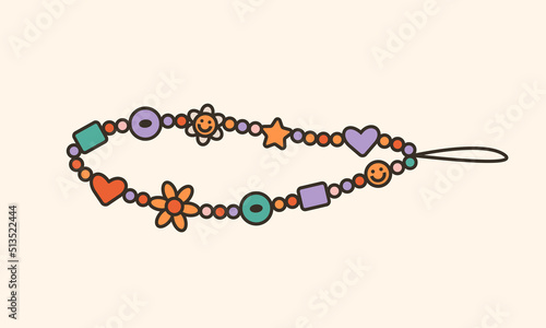 Vector illustration of 90s beads choker with daisy flowers and hearts. Cartoon diy jewellery. Cute colorful key chain. Trendy oldschool icon