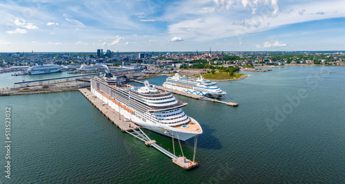 Tallinn, Estonia. June 23, 2022. Huge MSC cruise ship docked in a port in Tallinn. Beautiful aerial view of the MSC cruise ship.