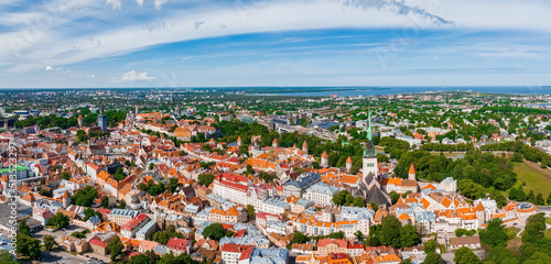 Beautiful panoramic view of Tallinn, the capital of Estonia with an old town in the middle of the city. Aerial Tallinn view.