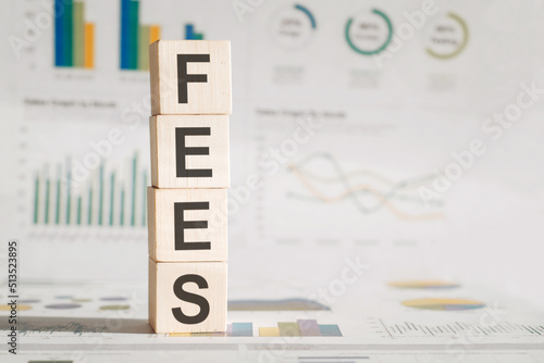 Four wood cubes with the word Fees on the background of white financial statements, strong business concept. photo