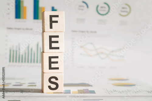 Four wood cubes with the word Fees on the background of white financial statements, strong business concept.