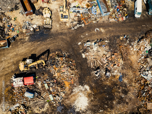 Scrap Metal Recycling. Aerial View of Industrial scrap Processing.