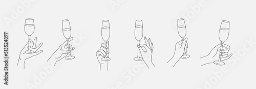 Collection of different woman hands gestures hold wineglass or drink cocktails. Minimal linear trendy style. Line icons or symbol of female hand for logo in restaurant or bar. Vector