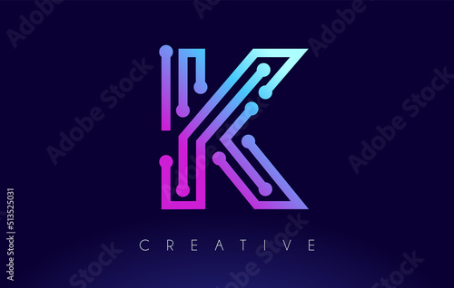 K Tech Letter logo Concept with Connected Technology Dots