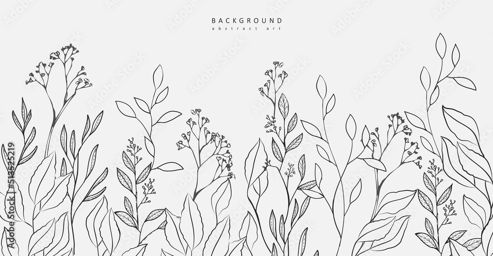 Luxury botanical background with trendy greenery and pea flowers. Vintage foliage for wedding invitation, wall art or card template. Minimal line art drawing. Vector Luxury botanical background with trendy greenery and pea flowers. Vintage foliage for wedding invitation, wall art or card template. Minimal line art drawing. Vector