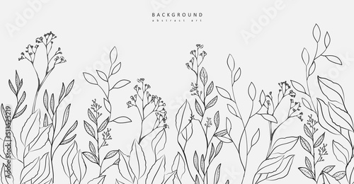 Luxury botanical background with trendy greenery and pea flowers. Vintage foliage for wedding invitation  wall art or card template. Minimal line art drawing. Vector