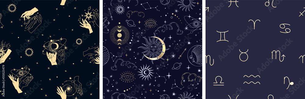 Spiritual esoteric magic logo or talisman with woman hands in silhouette style with stars, sacred geometry moon and sun. Alchemy mystic tattoo object logo template. Vector Spiritual esoteric magic logo or talisman with woman hands in silhouette style with stars, sacred geometry moon and sun. Alchemy mystic tattoo object logo template. Vector