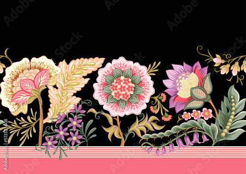 Fantasy flowers in retro, vintage, jacobean embroidery style. Border line seamless pattern on black background. Vector illustration.
