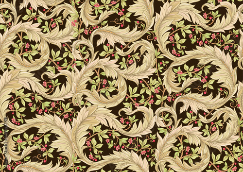 Decorative flowers and leaves in art nouveau style, vintage, old, retro style. Seamless pattern, background. Vector illustration.