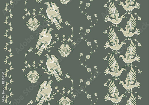 Byzantine traditional historical motifs of animals, birds, flowers and plants Seamless border pattern, linear ornament, ribbon in green. Vector illustration.