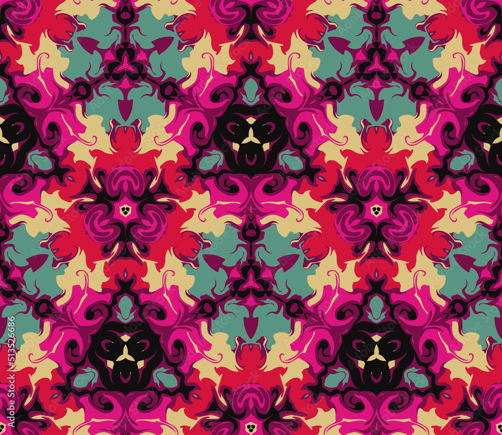 Abstract mosaic seamless pattern with kaleidoscope effect. Damask style. Colorful ethnic vector endless background. Ornamental symmetric arabesque.