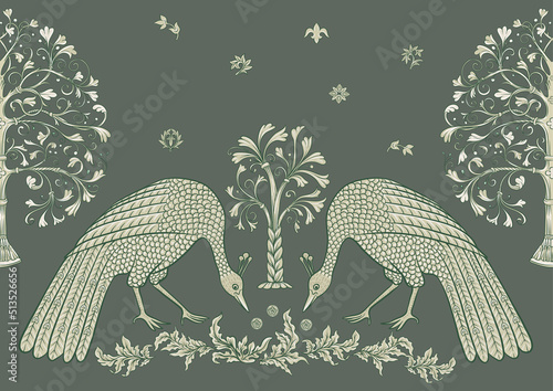 Byzantine traditional historical motifs of animals, birds, flowers and plants Seamless border pattern, linear ornament, ribbon in green. Vector illustration.