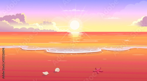 Sunset on the sea.Summer tropical beach with sun mountains and islands. Seaside landscape, nature vacation, ocean or sea seashore.Vector cartoon illustration.