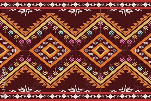 
Silk motifs on a reddish-brown background, embellishments, orange triangles, leftovers and multicolored bouquets for clothing, wallpaper.