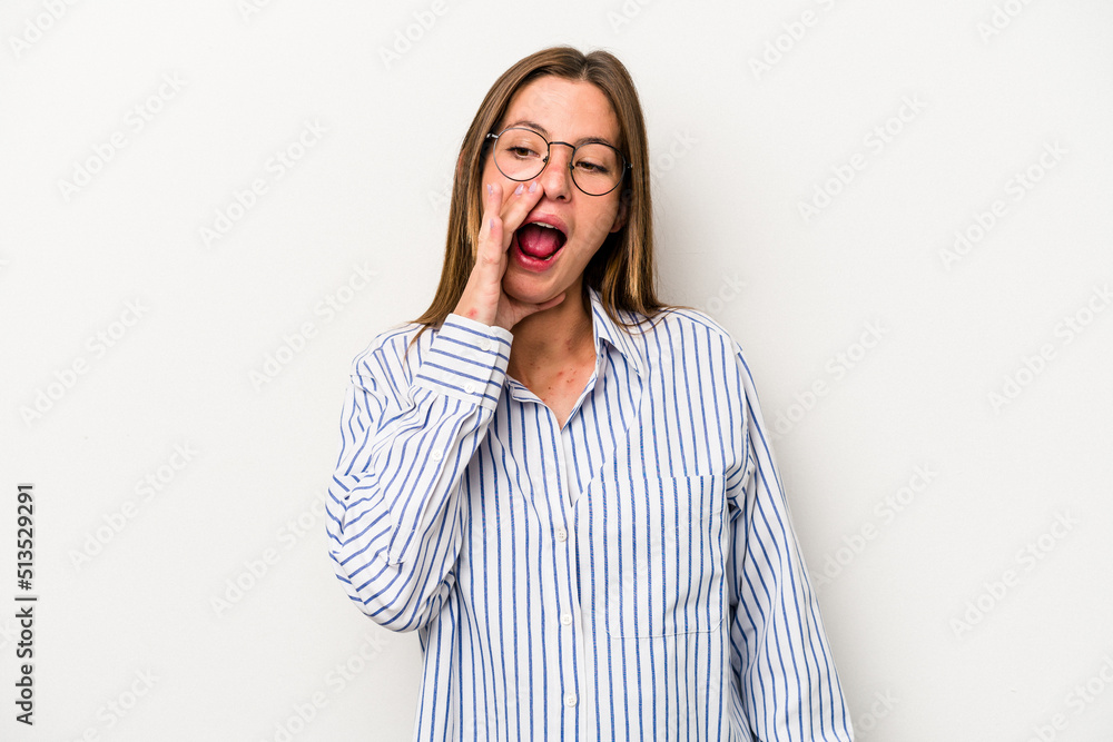 Young caucasian pregnant woman isolated on white background shouting excited to front. Young caucasian pregnant woman isolated on white background shouting excited to front.