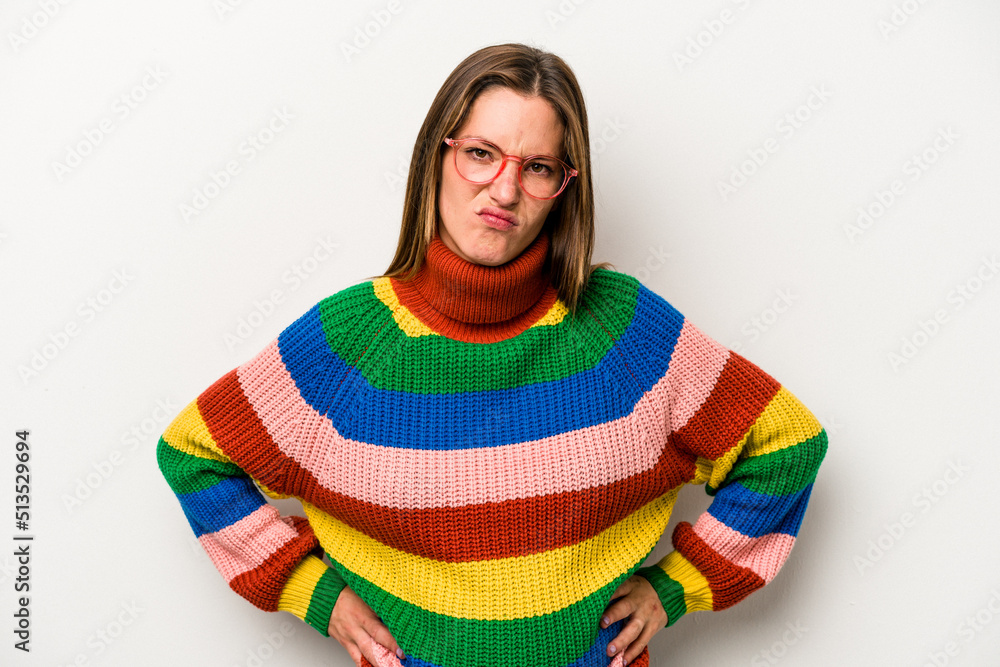 Young caucasian pregnant woman isolated on white background sad, serious face, feeling miserable and displeased. Young caucasian pregnant woman isolated on white background sad, serious face, feeling miserable and displeased.