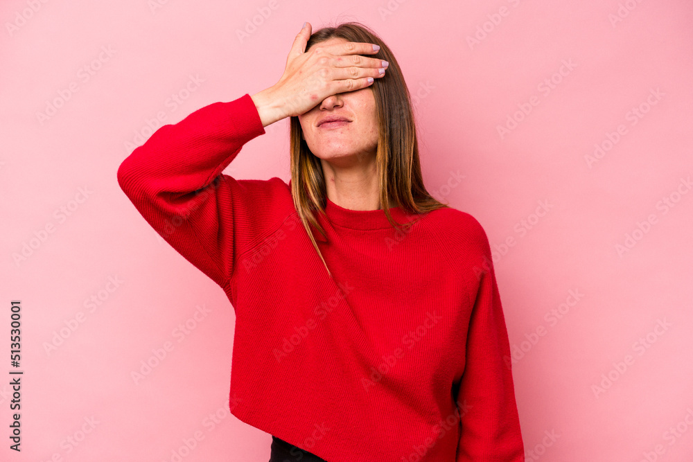 Young caucasian pregnant woman isolated on white background covers eyes with hands, smiles broadly waiting for a surprise. Young caucasian pregnant woman isolated on white background covers eyes with hands, smiles broadly waiting for a surprise.