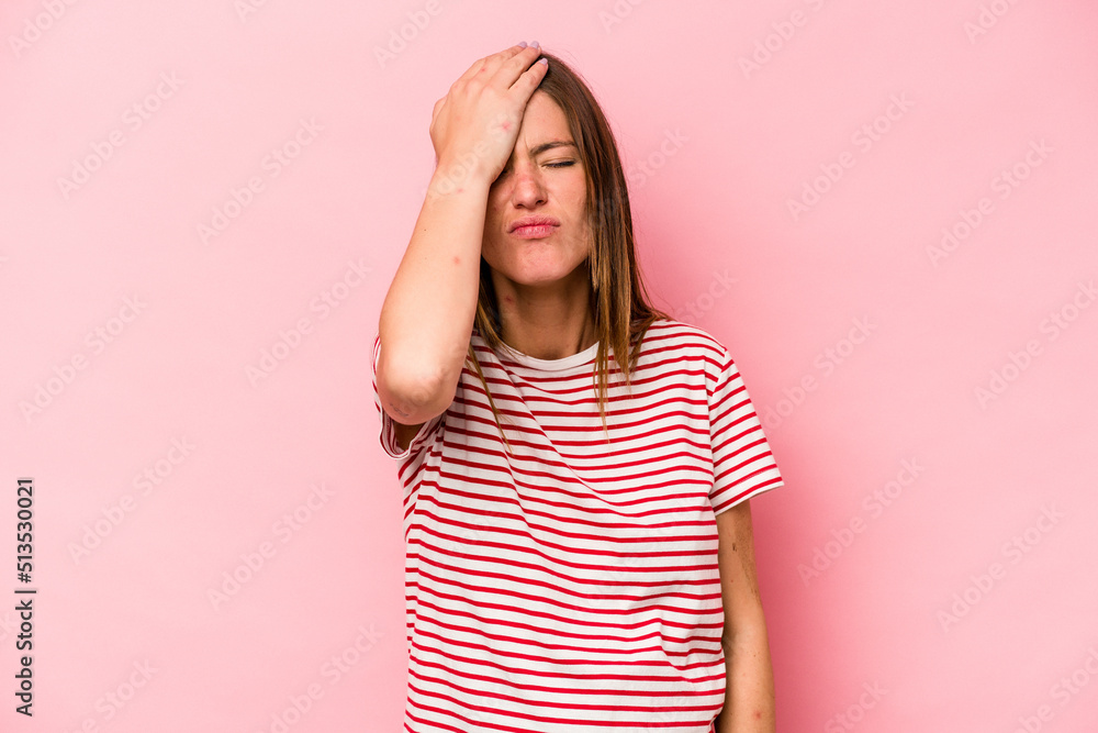 Young caucasian pregnant woman isolated on white background forgetting something, slapping forehead with palm and closing eyes. Young caucasian pregnant woman isolated on white background forgetting something, slapping forehead with palm and closing eyes.
