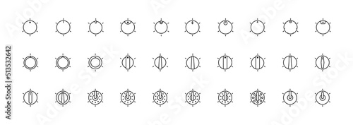 Set of Vector Icons on Theme Adjustment, Mode Selection, Control, Switching, Change. Presented Balance, Power, Minimum, Maximum, Left, Right Power Mode Control Panel