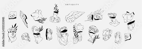 Vector set of logo with antique sculptures. Vector illustration with classical Sculpture for card poster T-Shirt or printing. Contemporary hand drawn mythical collection in line design style. Vector photo